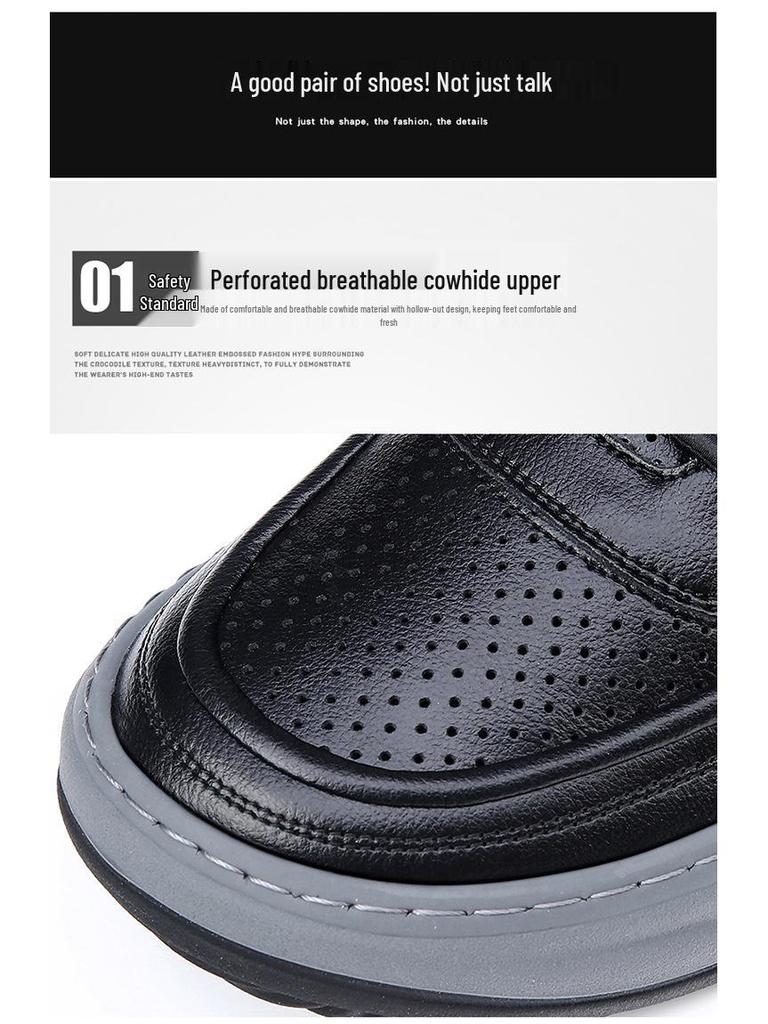 Men's Genuine Leather Crooked Head White Sneakers - Spring, Versatile, Thick Sole, Breathable, Hollow Casual Board Shoes