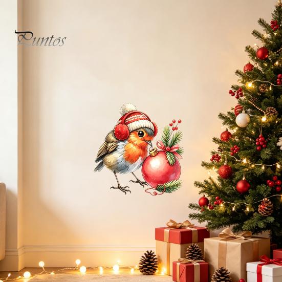 Indoor Outdoor Bird Decals Christmas Wall Sticker, Cute Watercolor with Wreath/Scarf/Hat/Ear Warmer, PVC Waterproof Creative Gifts for Home