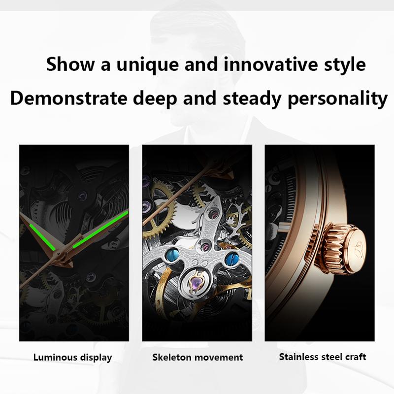 Skeleton Design Watches Rose Gold Case Male Automatic Mechanical Watch Stainless Steel Band Watch Relogio