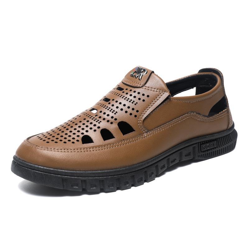 Men's Breathable Hollow Out Clogs for Middle-Aged & Elderly, Anti-Slip Comfort Casual Leather Shoes