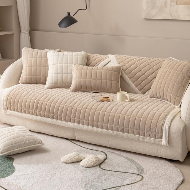 Karierter, gesteppter, einfarbiger Sofabezug aus Samt für Wohnzimmer, L-förmiges Sofa, Winter-Couchbezug für 2-, 3- und 4-Sitzer, rutschfestes Armlehnentuch