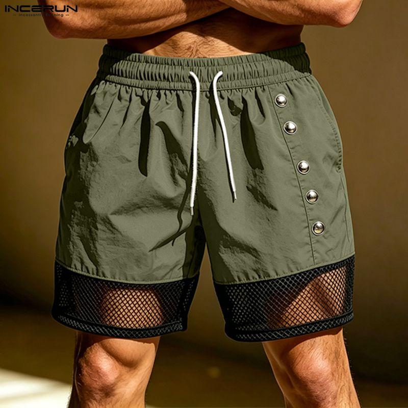 INCERUN Men Drawstring Elastic Waist Pockets Hollow Patchwork Casual Cargo Shorts Pants