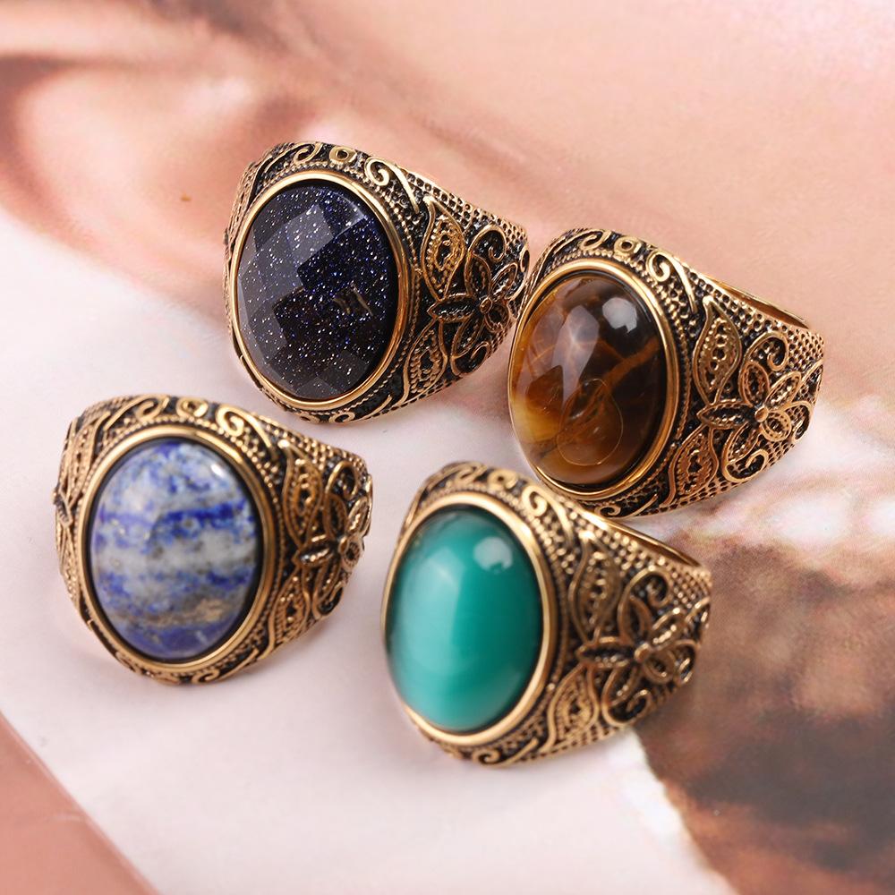 Punk Vintage Style Rattan Pattern Cat Eye Stone Inlaid Natural Stone Rings for Husband Wife Mom Dad Lover Gift Jewelry