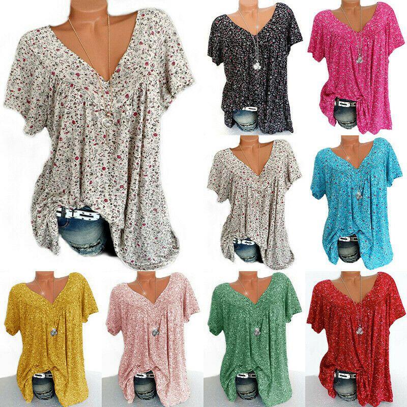Stylish Women V Neck Floral Tee T-shirts With Plus Size Options For Summer Comfort