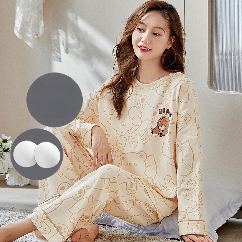 New Autumn Pajamas with Chest Pad Women Knitted Cotton Pajama Set Homewear Pijama Mujer Long Sleeve Casual Soft Female Sleepwear