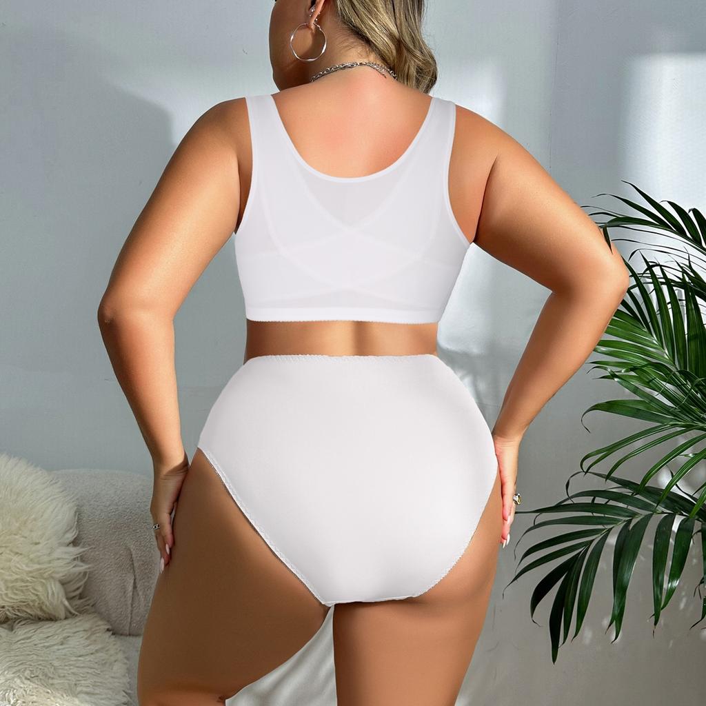 Plus Size Lace Front Closure Bra & High Waist Panty Set, Racerback Supportive Lingerie for Women