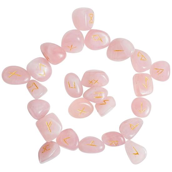 Crocon Rose Quartz Gemstone Rune Stone with Elder Futhark Alphabet Engraved Symbol 25 pcs Set for Feng Shui Reiki Crystal Healing Chakra Balancing