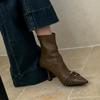 French pointed metal square buckle decorative high-heeled short boots autumn and winter thin simple zipper women's commuter elastic bare boots