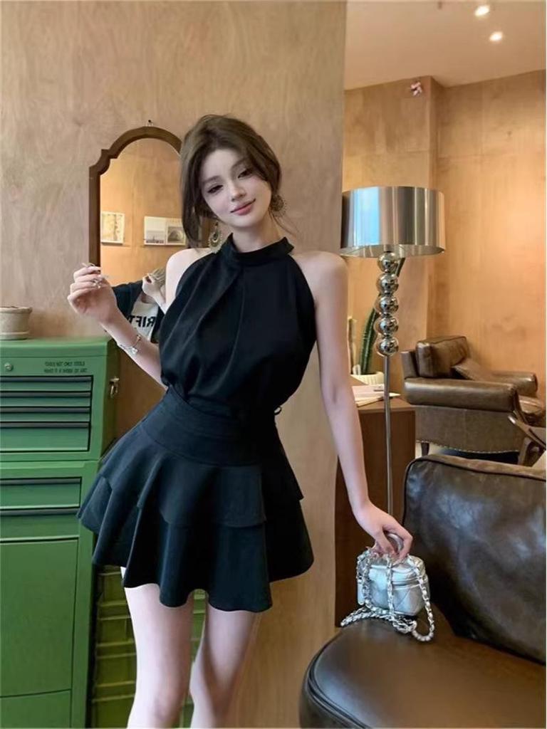 Ensemble d'été chic jupe à volants style cour et top pour femmes