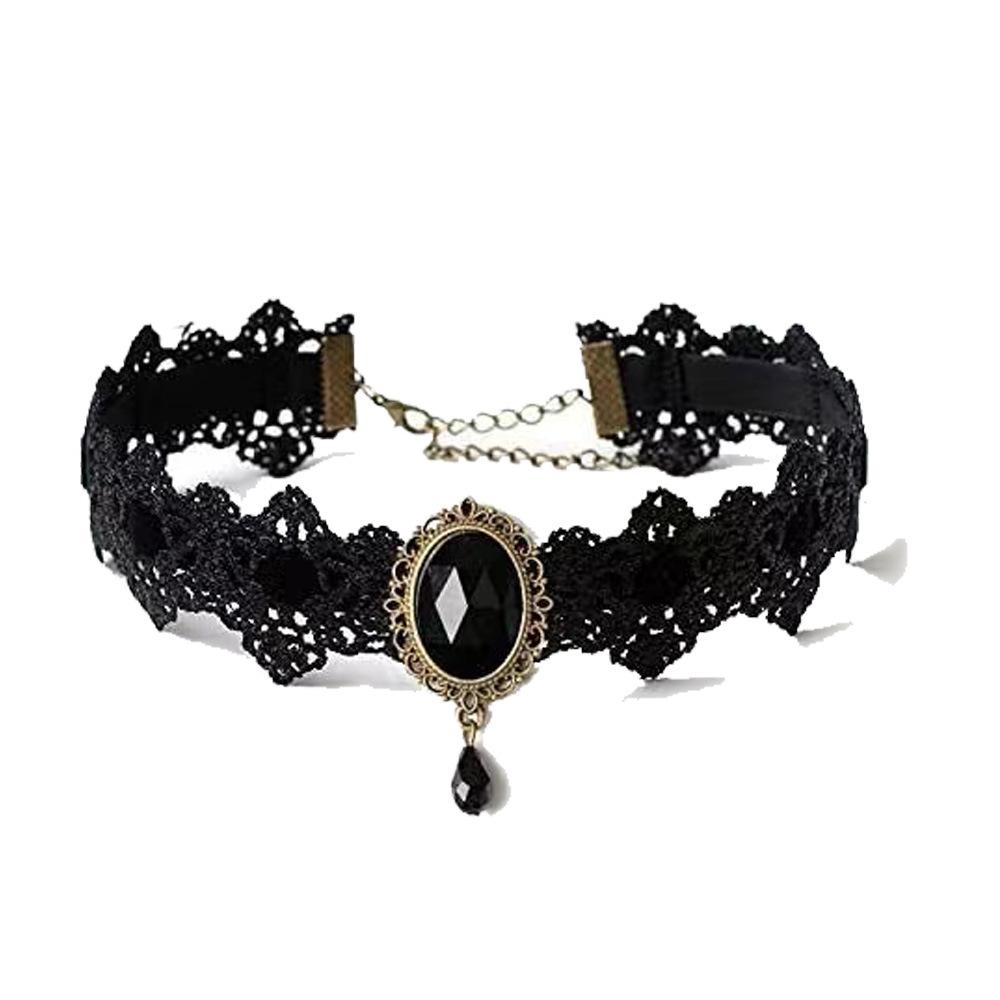 Lace Gothic Choker Necklace with Rhinestones - Victorian Style Collar Jewelry