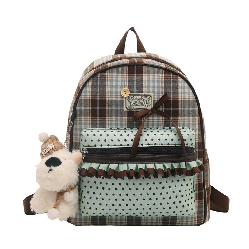 Schoolbag retro sweet polka dot lotus leaf skirt plaid fashion backpack bag women's high sense versatile trend commuter small back
