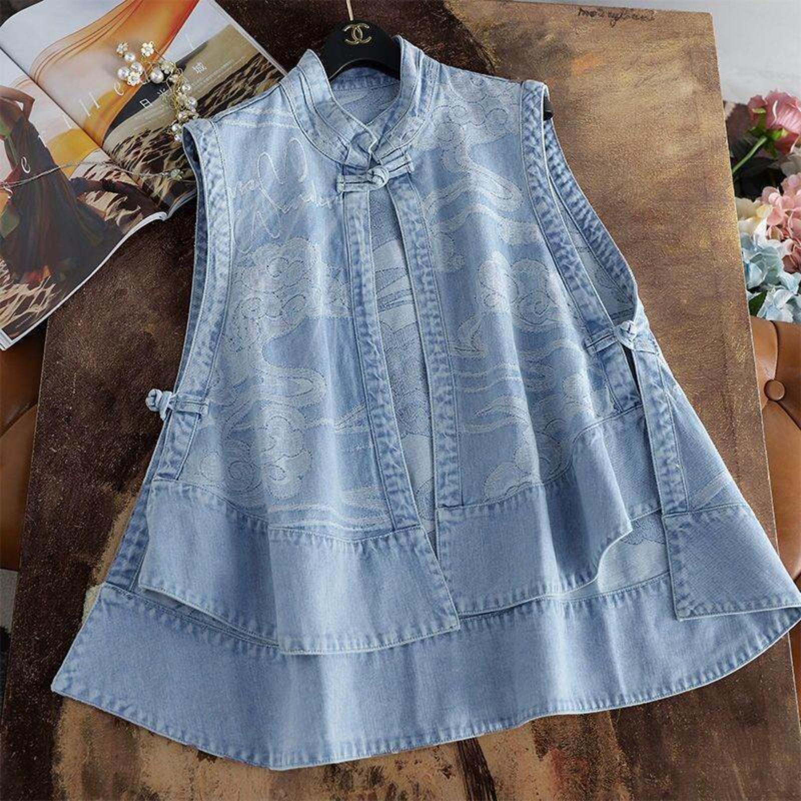 

Women s Denim Vest With Chinese- Buttons, Cardigan, Jacket XL синій