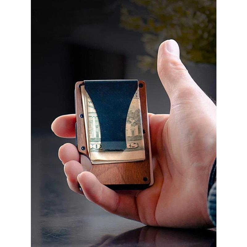 2024Hot Sale RFID Blocking Men's Wooden Wallet ultra thin Metal Money Clip for men Minimalist wooden aluminum Wallet card holder