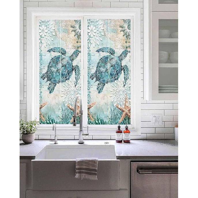 

Пленка для конфиденциальности окон Прибрежная морская черепаха Бирюзовая витражная оконная пленка Декоративная солнцезащитная оконная накладка Летняя морская морская звезда Оконные наклейки 19.6 x 39.3 бирюзовый