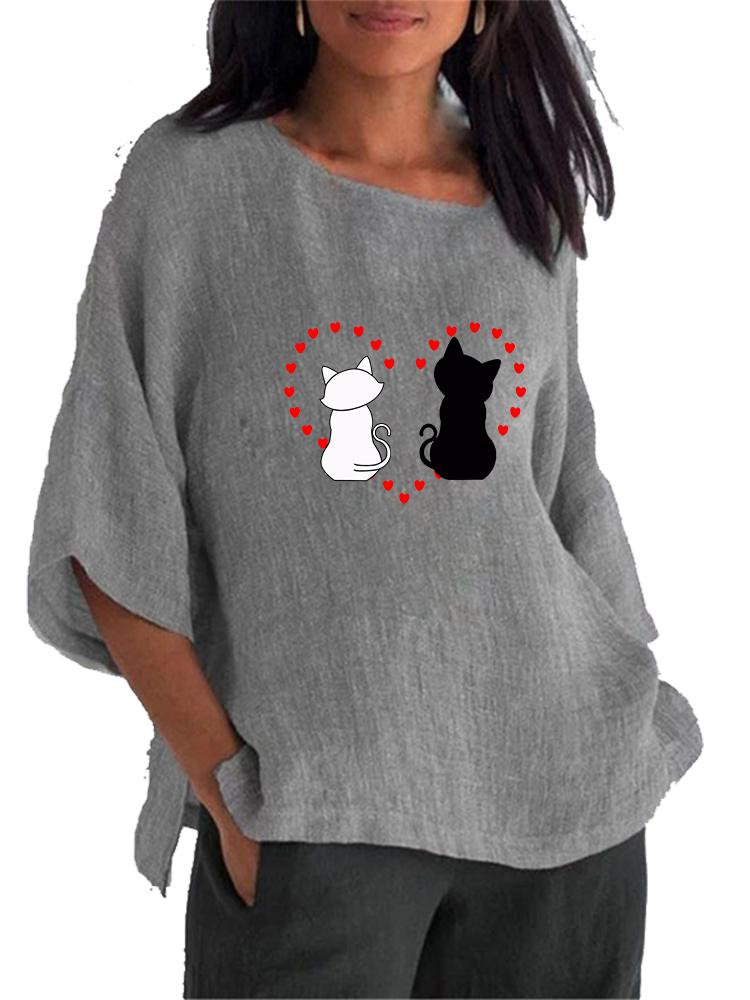 Damenmode O-Ausschnitt 3/4 Langarmshirt Frühling&Sommer Druck Baumwolle Leinen Bluse