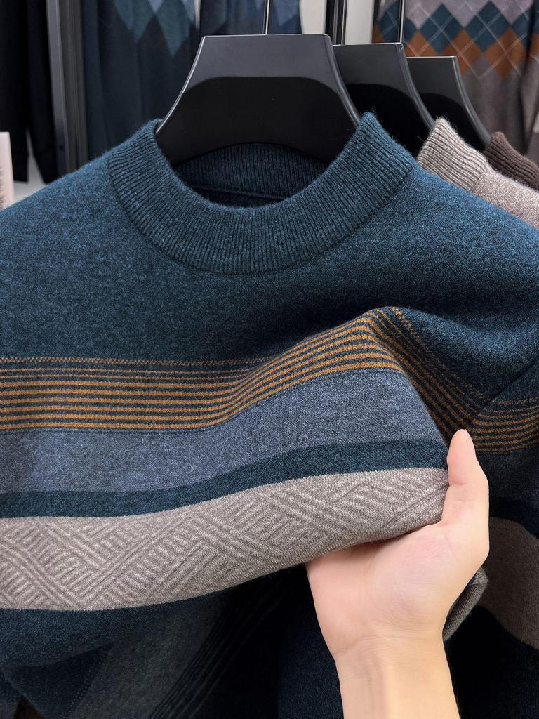 Men's Autumn/Winter 2025 Striped Knit Sweater - Middle-aged, Round Neck, Loose Fit, Elastic, Dad's Wardrobe Essential