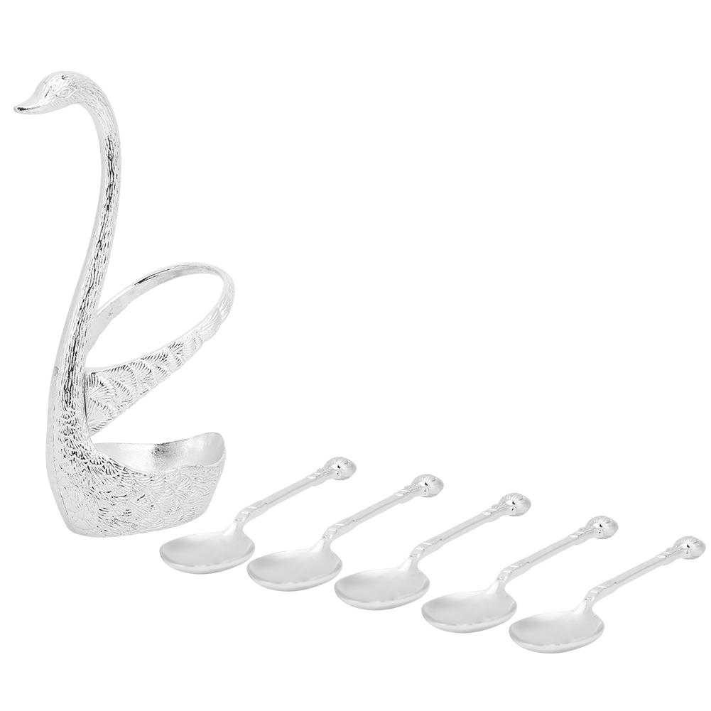 Zinc Alloy Swan‑Shaped Bracket Fruit Dessert Spoons Set Kitchen Tableware Wedding Supplies(Silver 6 Spoons )