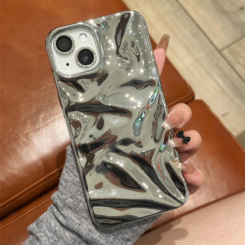 Ins Plating 3D Wrinkled Pattern Phone Case For iPhone 16 15 14 Plus 13 12 Pro Max 11 Wave Texture Soft Shockproof Cover