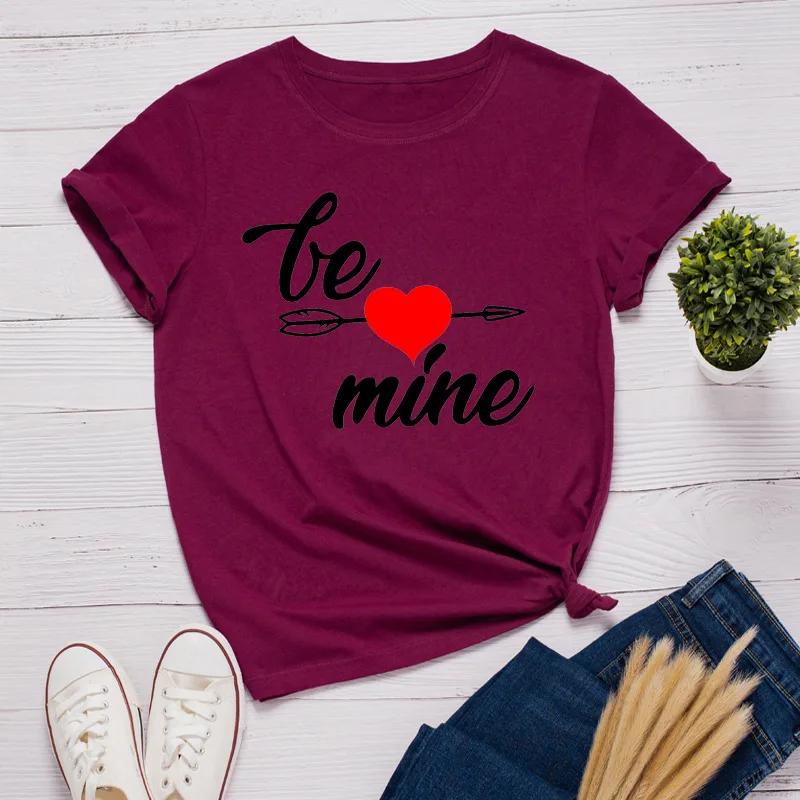 Be Mine Heart Print Women T Shirt Short Sleeve O Neck Loose Women Tshirt Ladies Tee Shirt Tops Clothes Camisetas Mujer