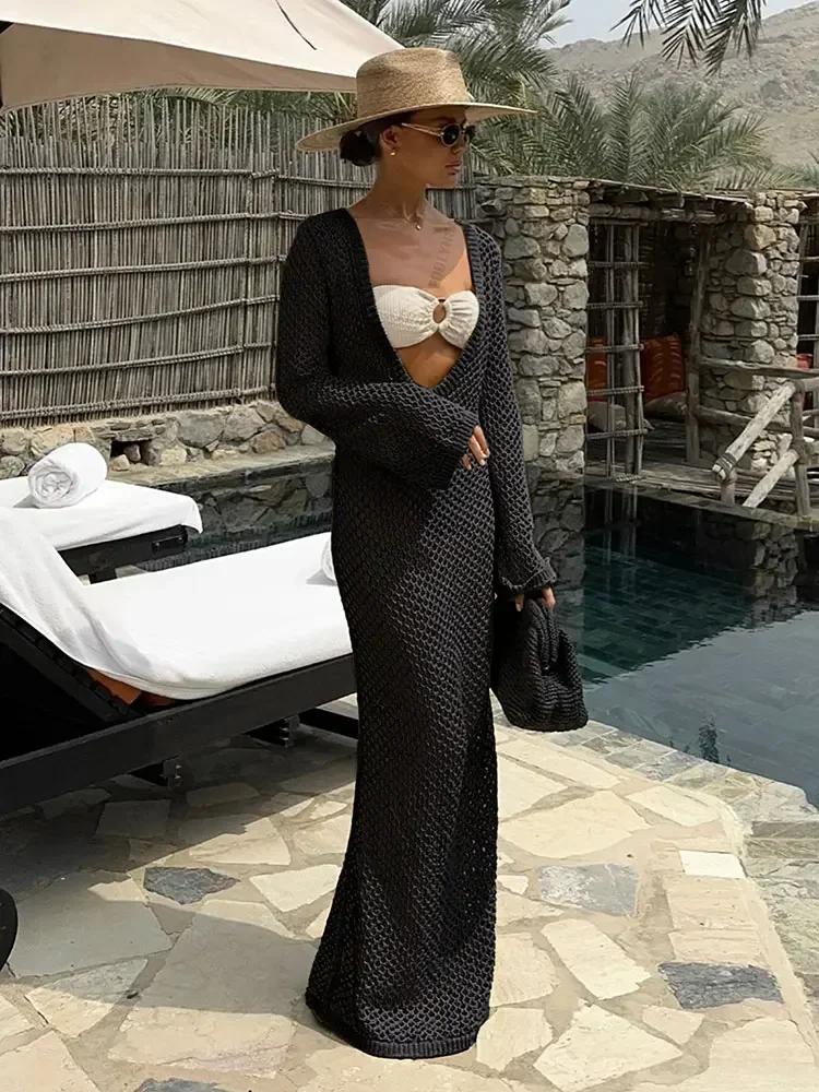Sexy U-neck Bell Sleeve Knit Maxi Dress Summer 2024 Women Swimwear Feminine Bikinis Cover-ups Holiday Crochet Beach Outfit K21