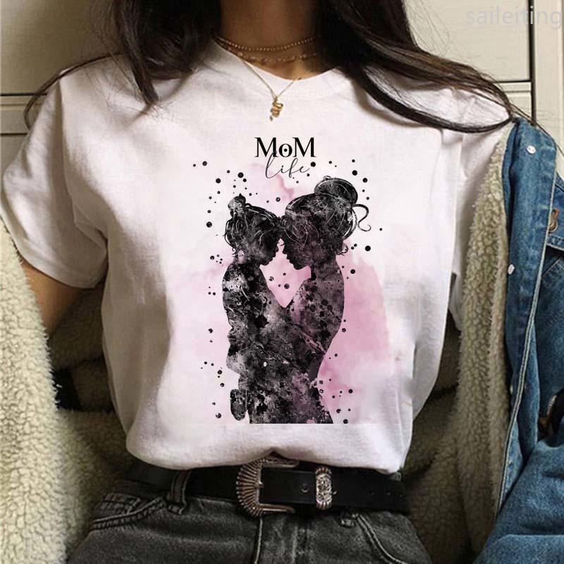 Women T-shirts Cute Mom and Daughter Black Summer Short Sleeve Female Tops Summer Sleeved Harajuku Streetwear Tops Tees