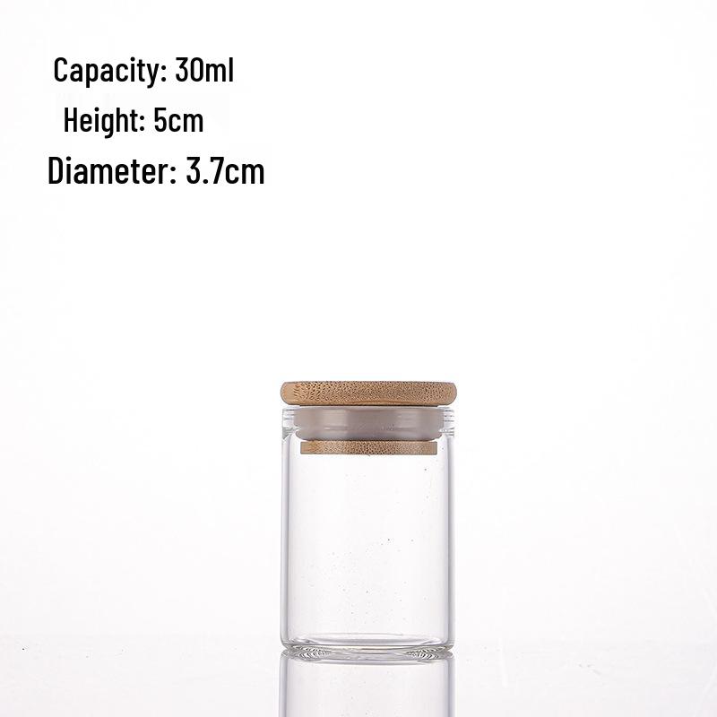 Agarwood Bamboo Lid Glass Display Bottle for Tea and Spices, 37mm Straight Opening.