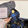 Blue Brown Plaid Woolen Drawstring Bucket Bag Women's Shoulder Bag