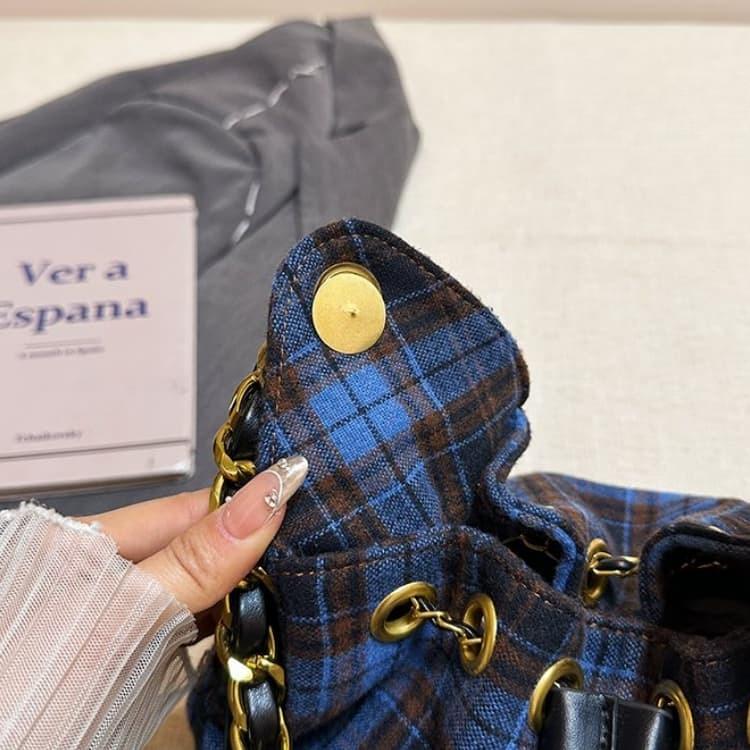Blue Brown Plaid Woolen Drawstring Bucket Bag Women's Shoulder Bag