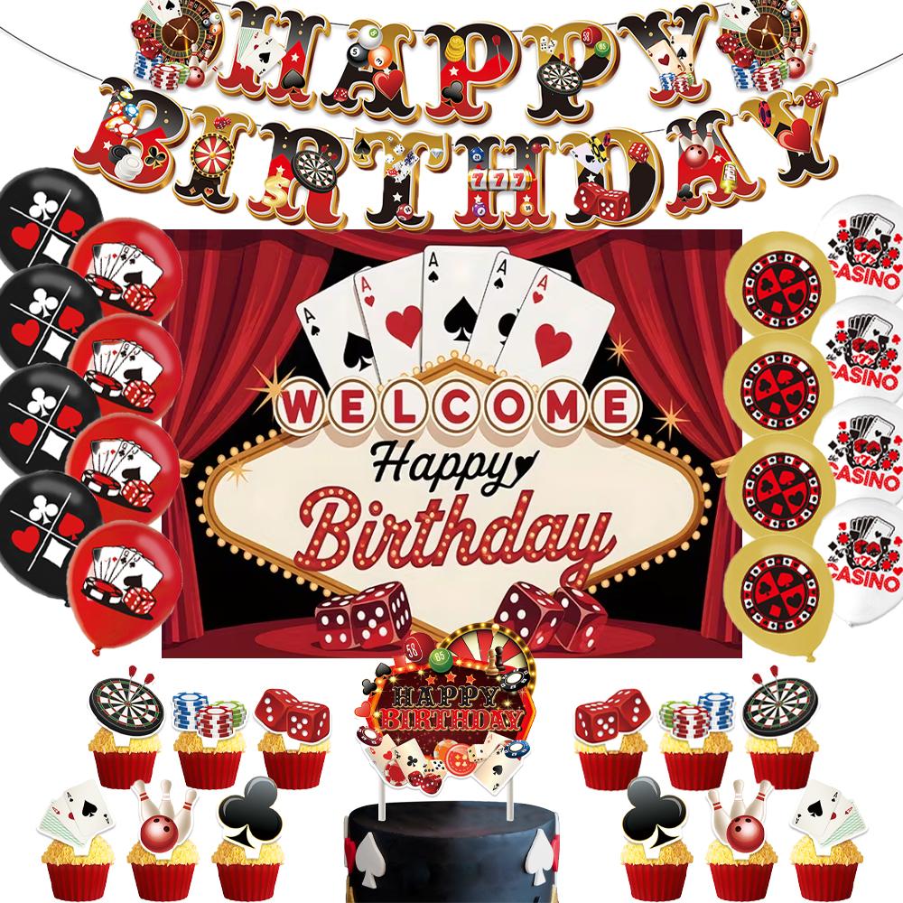 Casino Poker Chips Theme Birthday Party Decorations Playing Cards Money Golden Glitters Red Curtain BalloonS Cake Topper Banner