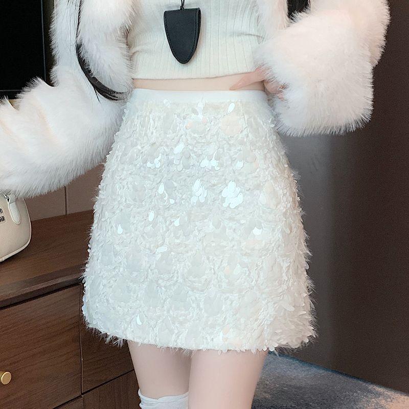 

High-Waisted Sequin A-Line Skirt - Anti-Exposure, Solid Color, Slimming Style for Spring, Autumn, and Winter. Perfect for Simple, Chic Elegance. S кремовый/белый
