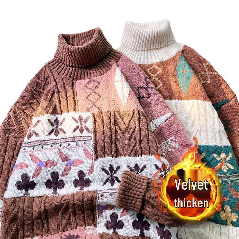 Vintage Turtleneck Knitwear: Men's Trendy Velvet Christmas Sweater - Autumn/Winter High-End Style