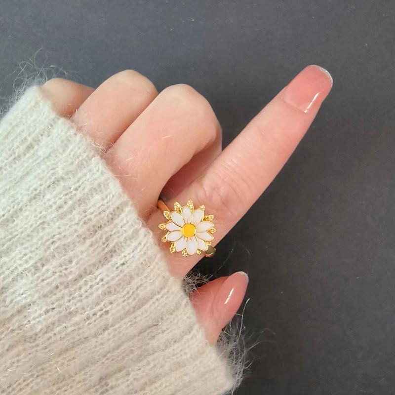 Mote Fidget Spinner Ring Angst for Kvinner Flere Krystall Solsikke Fingerringer Roter Anti Stress Zirkon Bryllupsgave