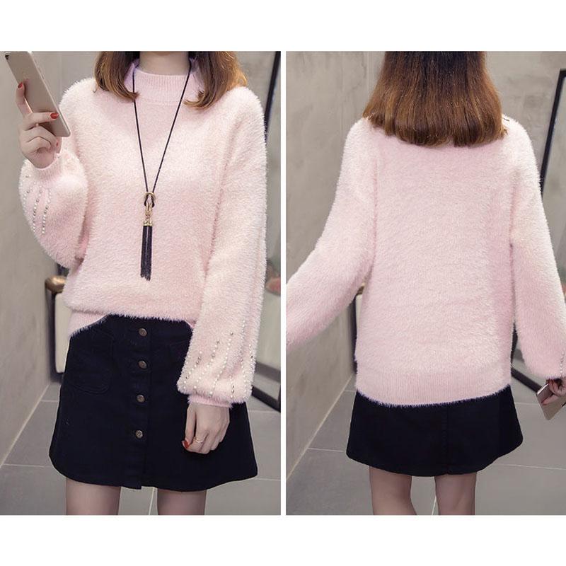 Fuzzy svetr pro ženy Svetr z imitace norkového sametu Dámský svetr s korálky Spodní část košile Korejské mohérové ​​svetry s dlouhým rukávem a dlouhým rukávem