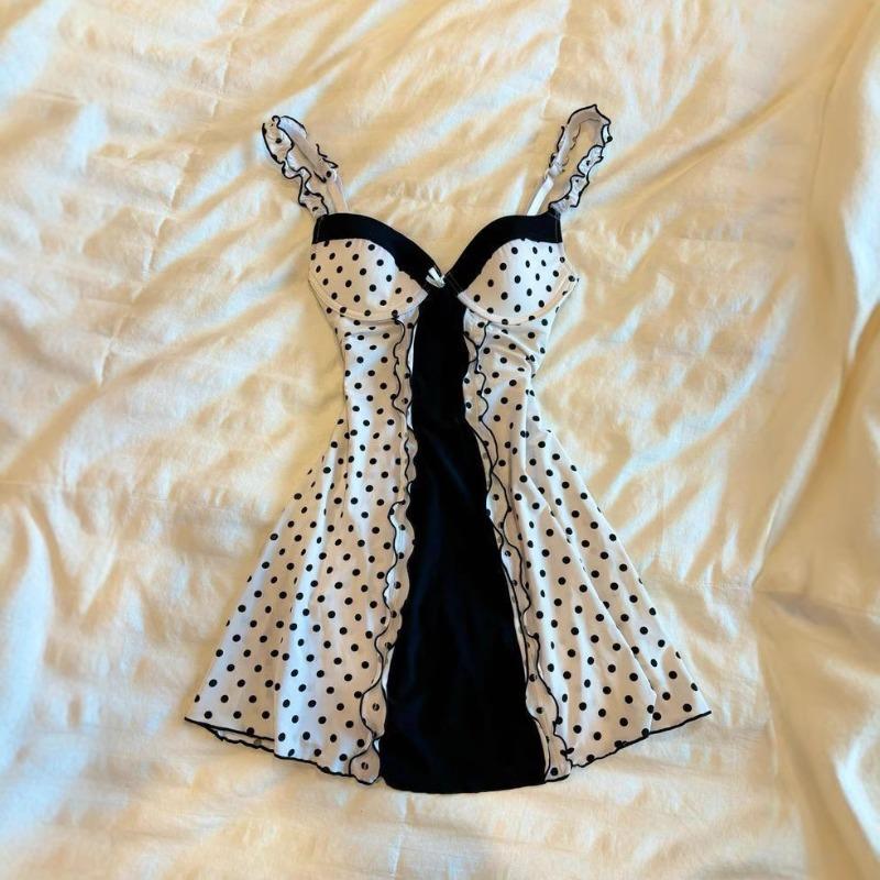 2025 White Polka Dot Camisole Dress for Women Layered Top Up Dress, Summer Belly Covering A-line Skirt