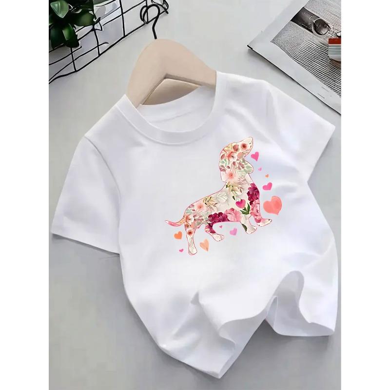 Европейские размеры Милая собака Цветочный принт Футболка с коротким рукавом | Повседневный летний вязаный топ из ткани средней эластичности с круглым вырезом 98cm