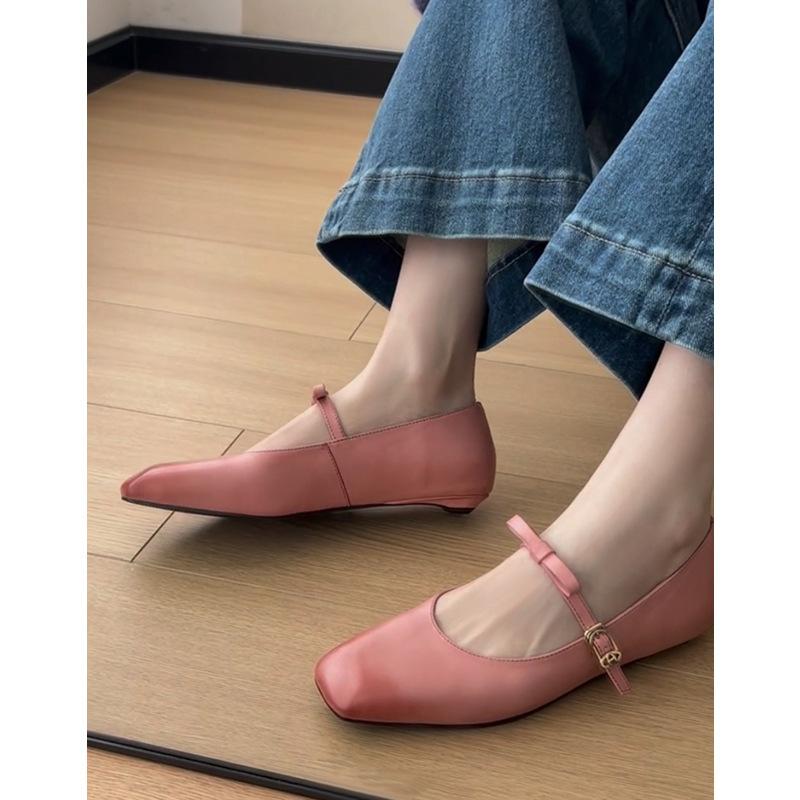Sheepskin Version~ Leather Bow French Word Belt Mary Jane Shoes Women's Retro Flat Ballet Single Shoes Evening Shoes