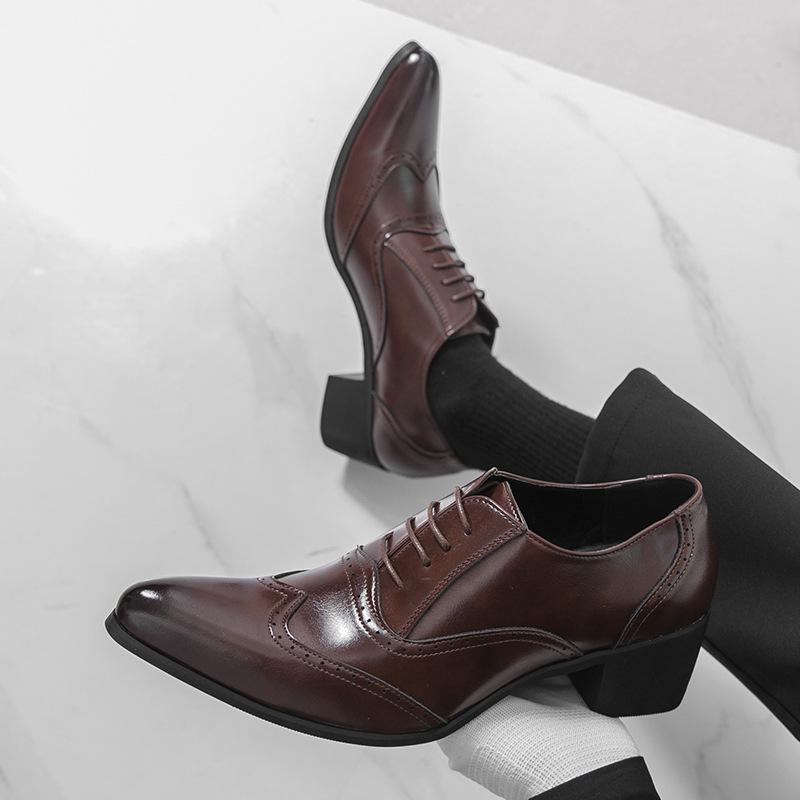 Men's British Autumn Formal Leather Shoes - Pointed Toe, Low-Top, Breathable, Lace-Up, Large Size, High Heel.