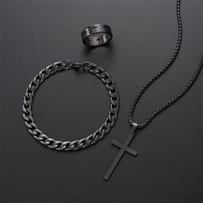 3 Piece Hip Hop  Men's Black Color Cross Pendant Necklace Bracelet Ring for Men's Accessories Trend Party Zircon Gifts