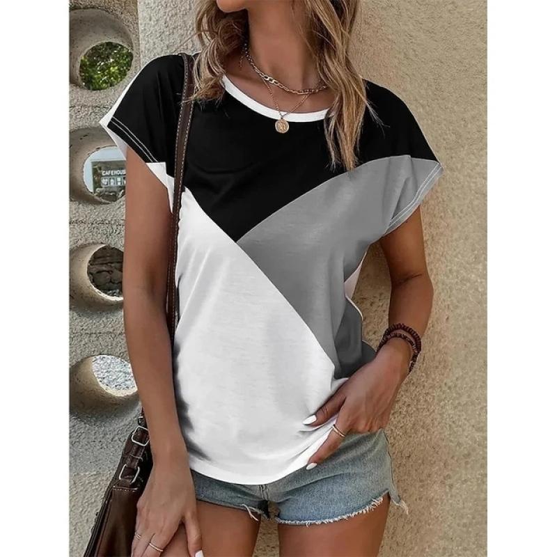 Тонкая женская базовая футболка из полиэстера с цветными блоками с 3D принтом Y2k — фото 5