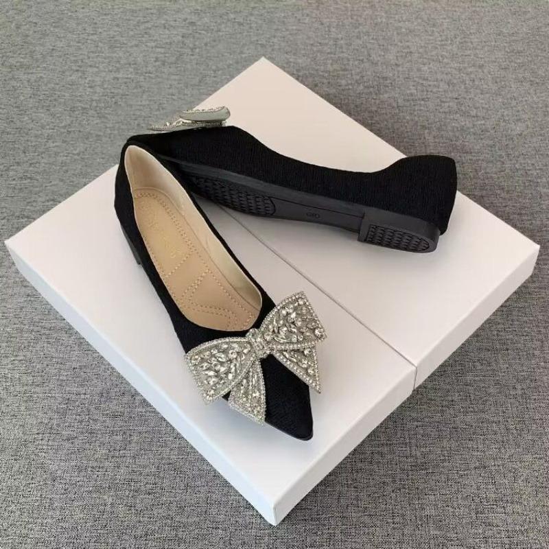 Sommar Strass Med Rosett Dam Ballerinaskor Stilfulla Eleganta Vardagliga 2025 Trend Social Populär Försäljningspunkt Spetsig Tå Slip-on Skor för Kvinnor