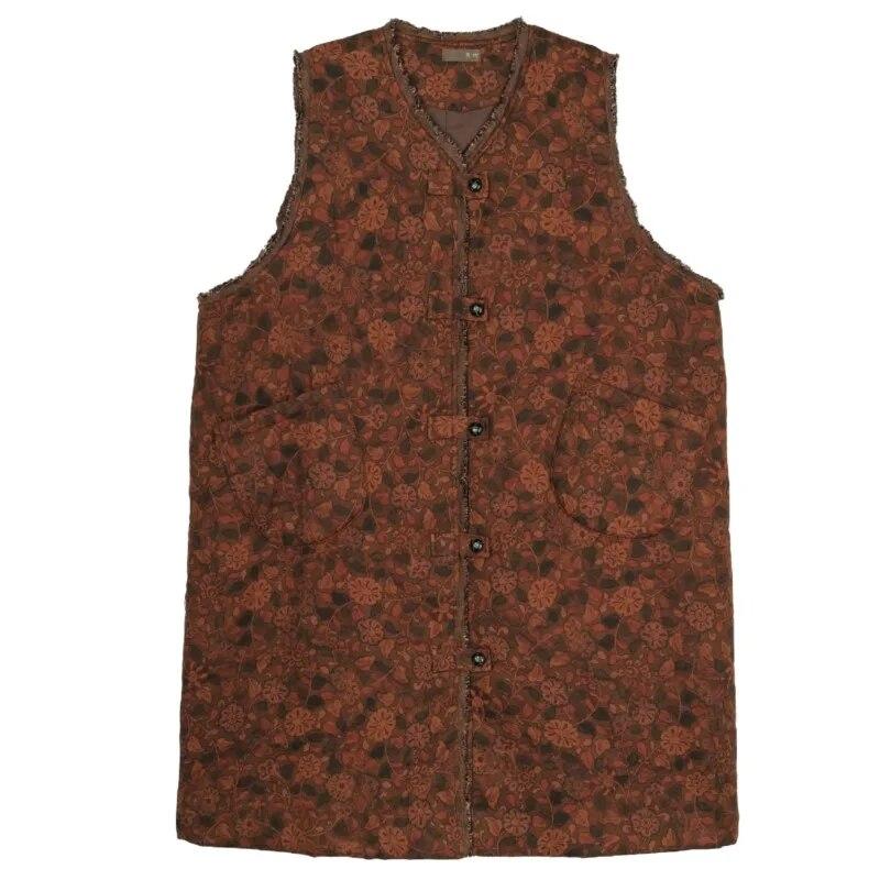 Johnature Mujer Vintage estampado Floral chalecos largos abrigos con cuello en V botón de primavera bolsillos de estilo chino mujeres chalecos abrigos