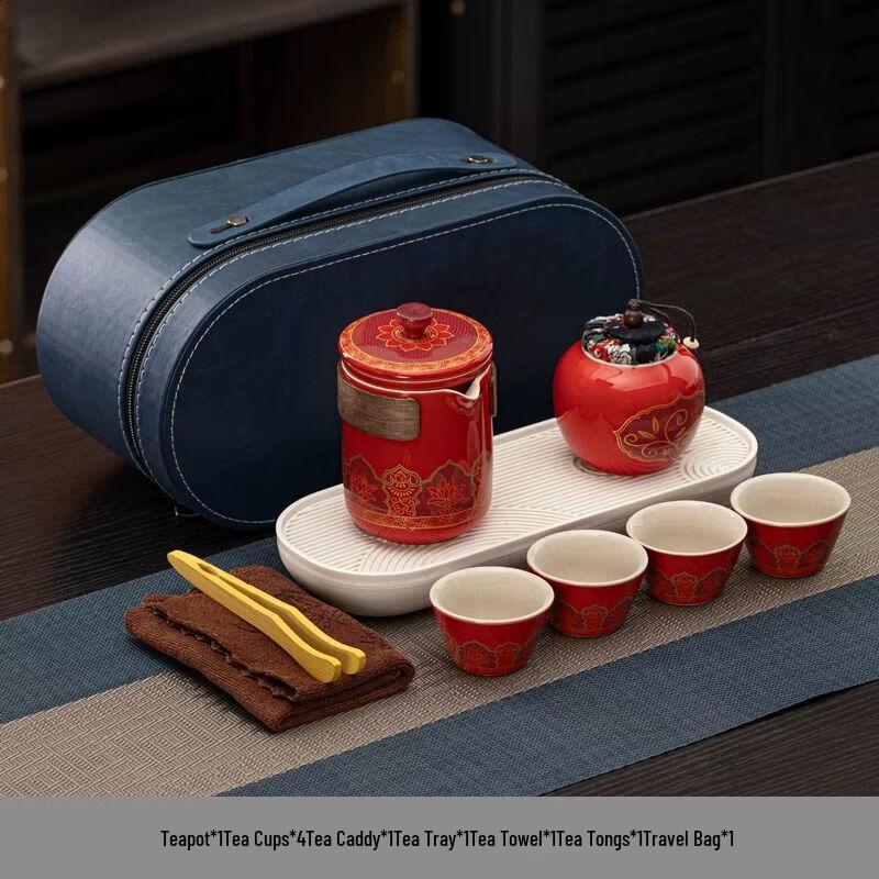 Portable Travel Tea Set 1 Pot, 4 Cups, Can, Plate