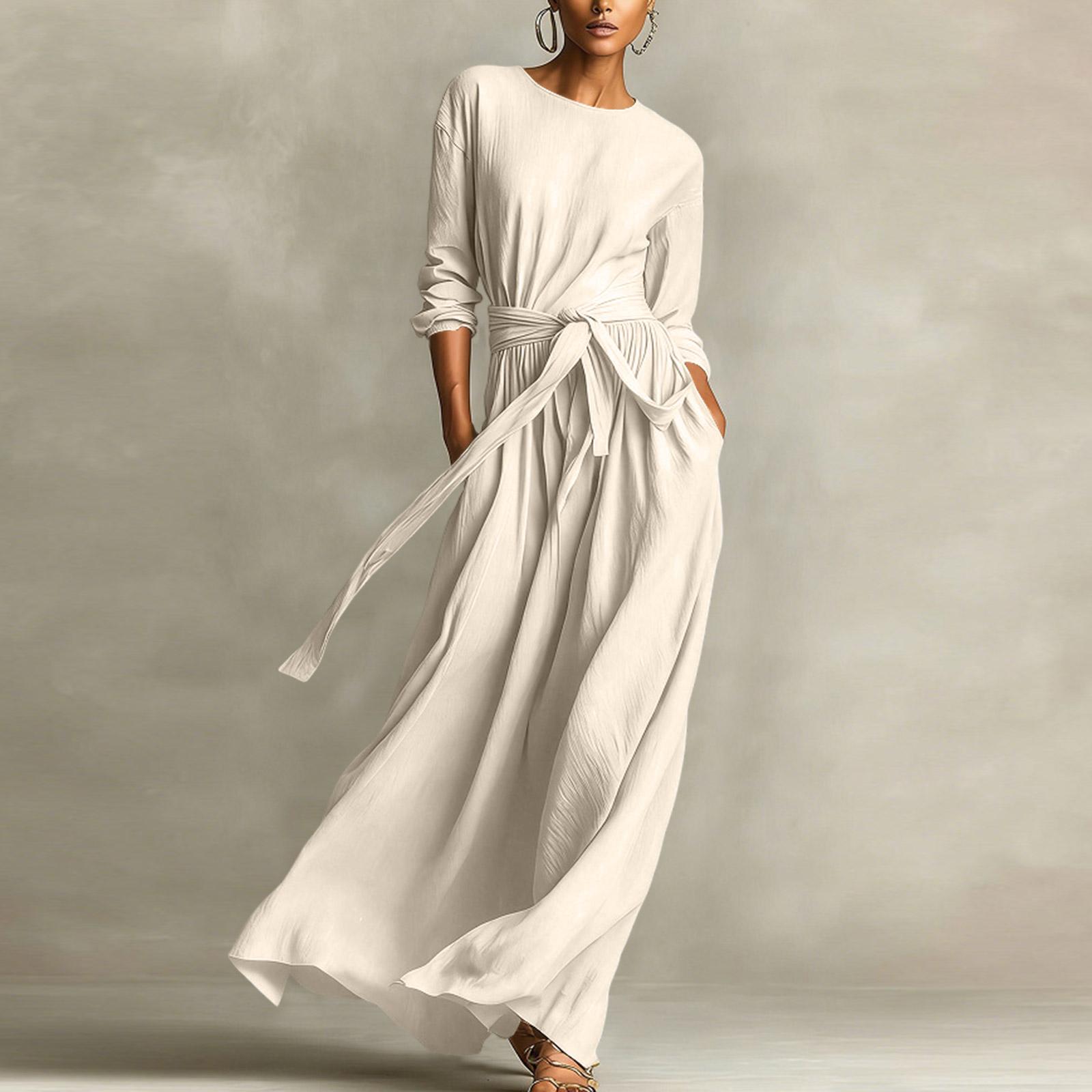 

Женское повседневное и элегантное платье с длинным рукавом и круглым вырезом M бежевый