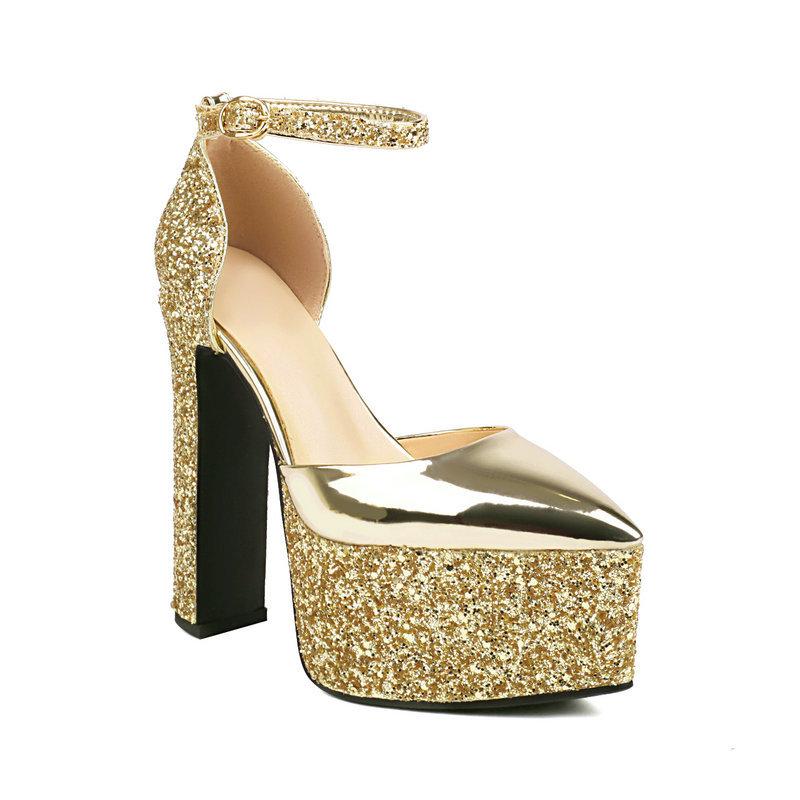 Sandales à talons épais à paillettes pour femmes, chaussures d'été imperméables à boucle unique, talons super hauts de 15 cm