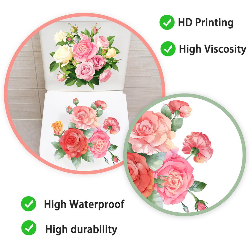 Hand Painted Pink White Flowers Toilet Sticker Self-Adhesive Removable for Bathroom Decoration
