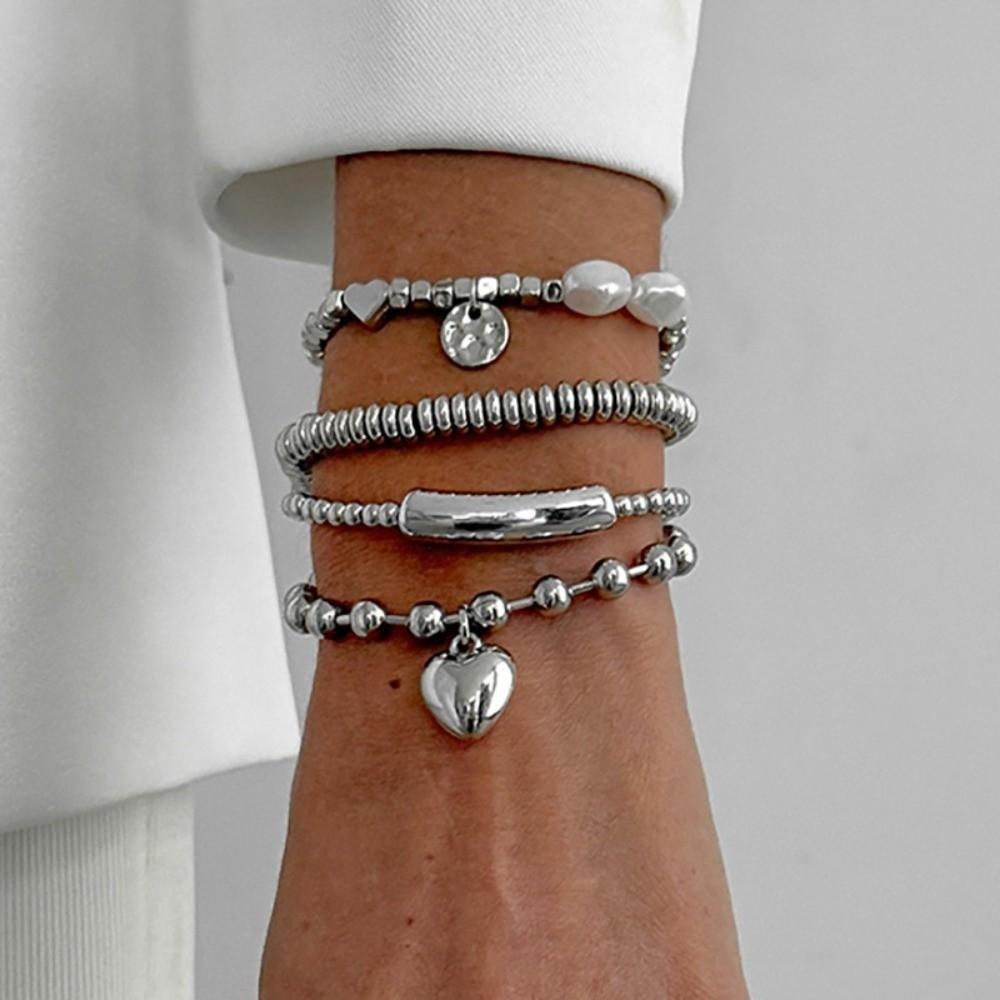 Silver Heart Pendant Bracelets Beaded Metal Hand Chain Trendy Imitation Pearl Bracelets  Gifts