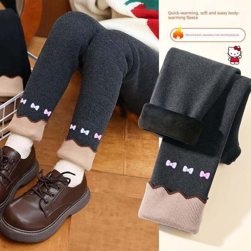 Hello Kitty Girls' Leggings 2024 New Style Fleece-Lined Thick Tights Gray Integrated Fleece Children's Pants