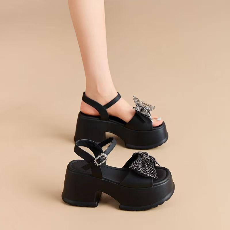 Round head thick heel high heel sandals mesh women's summer wear new bow high heel sandals