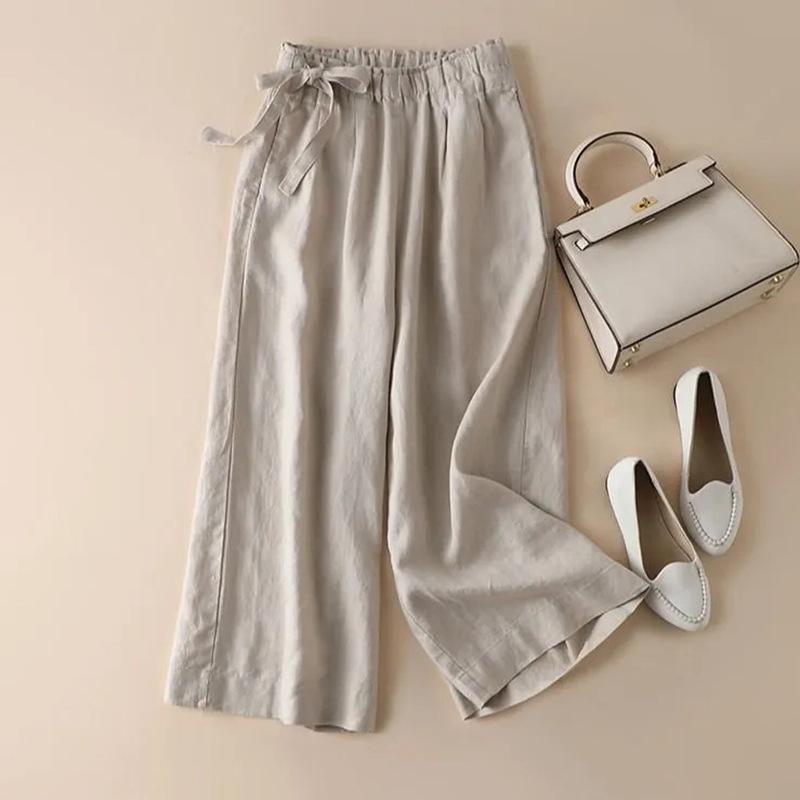 Women's High-Waist Cotton-Linen Wide-Leg Pants - Summer Casual Retro Style with Side Tie