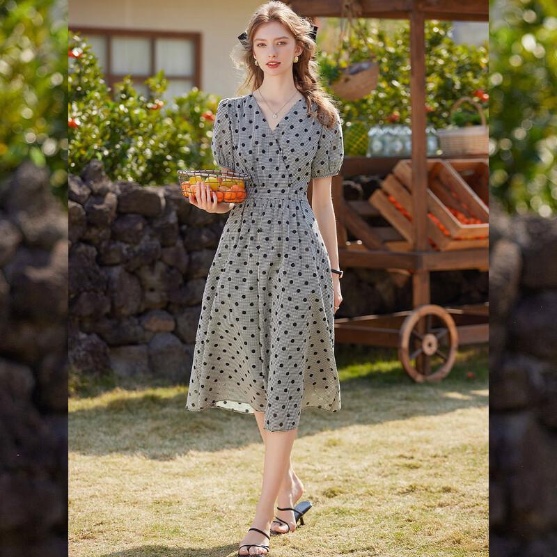 Bailuyu Women's V-Neck Polka Dot Puff Sleeve Long Dress